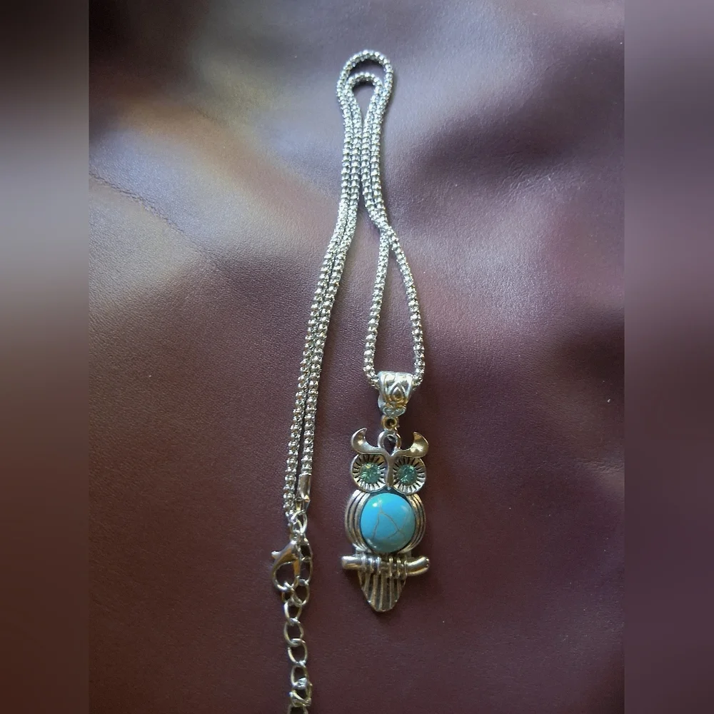Silver Owl Pendant Necklace with Turquoise Accent - Picture 3 of 7
